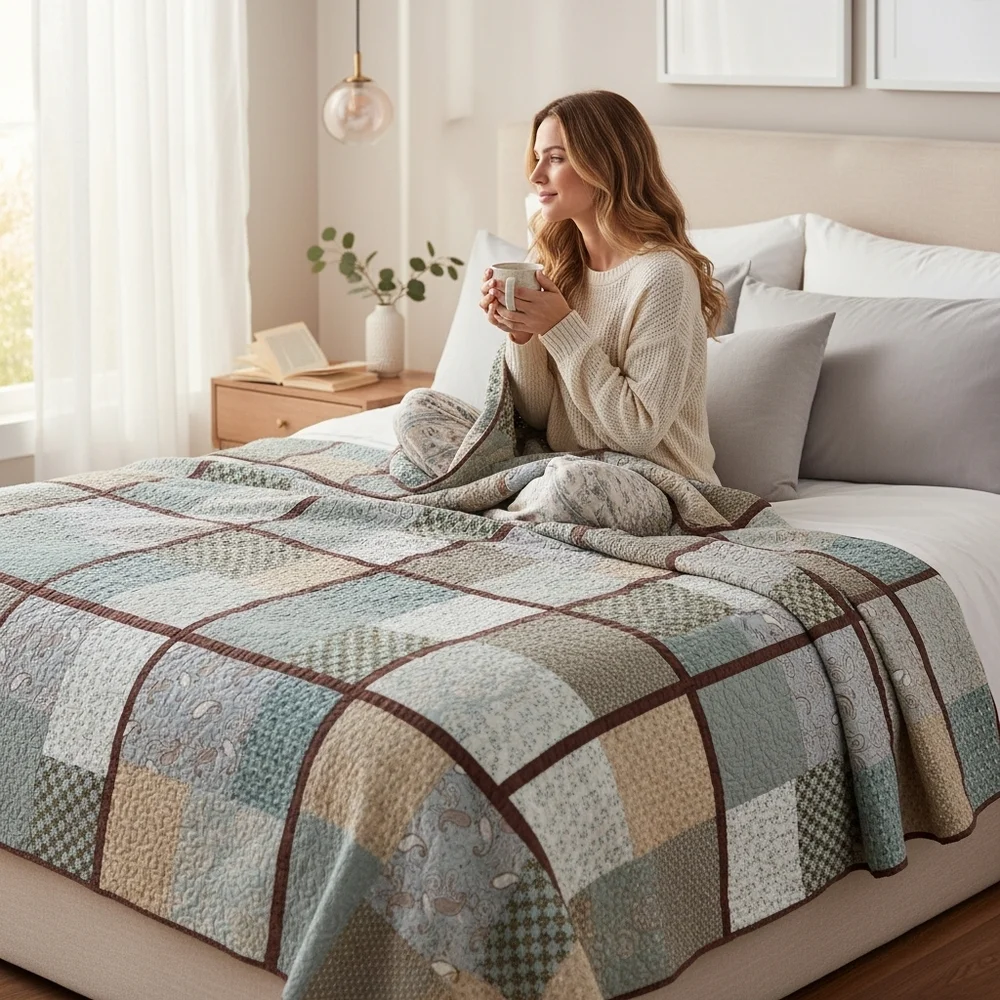 Paisley Quilt Coverlet Full Size Floral Mixed‎ Prints Blue Brown 1 Sham Bedskirt